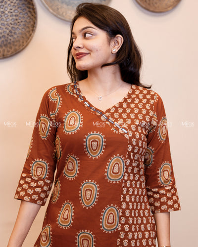 Ajrakh Cotton Co-ord Set | Mirror Neck + Dual-Print Top | Rust Brown