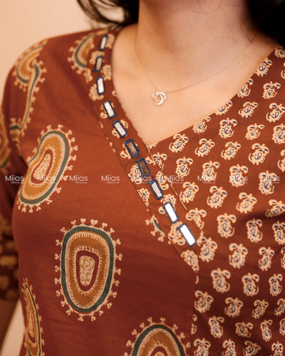 Ajrakh Cotton Co-ord Set | Mirror Neck + Dual-Print Top | Rust Brown