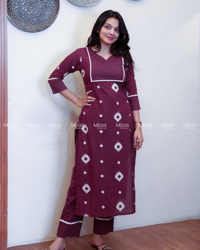 Jaipur Cotton Co-ord Set | Pintuck Yoke + Lace Detailing | Deep Plum