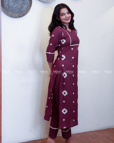 Jaipur Cotton Co-ord Set | Pintuck Yoke + Lace Detailing | Deep Plum