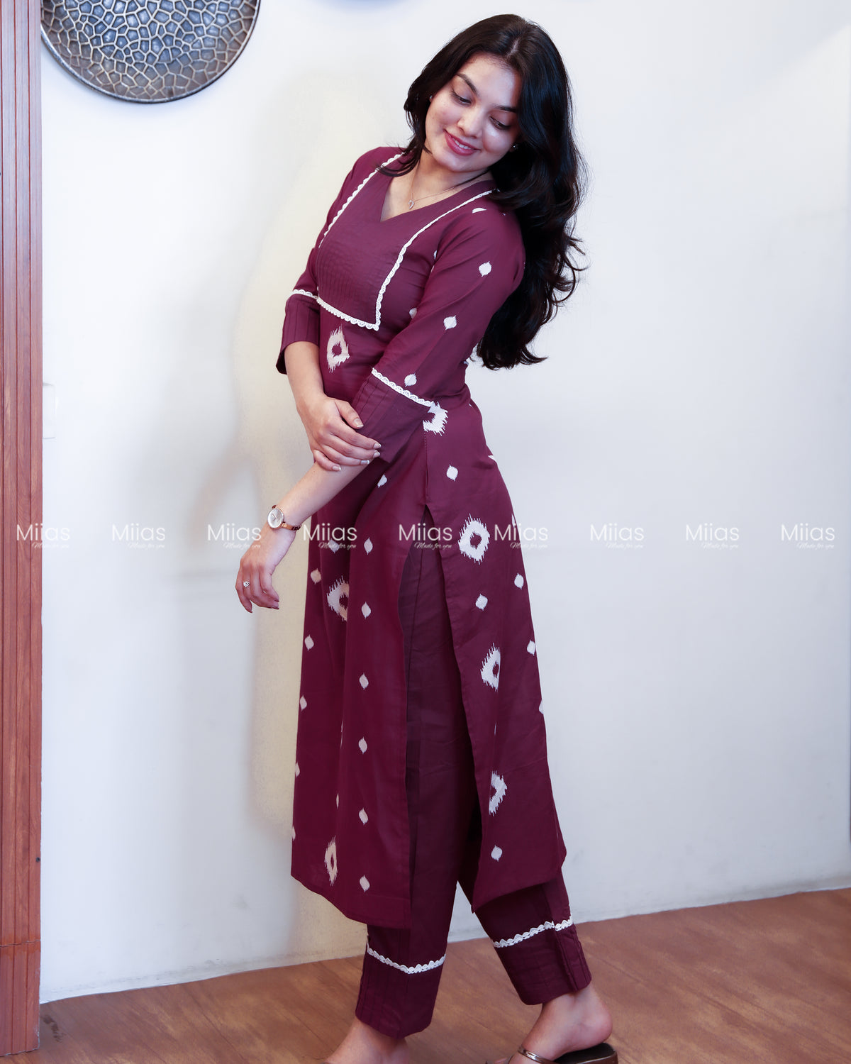 Jaipur Cotton Co-ord Set | Pintuck Yoke + Lace Detailing | Deep Plum