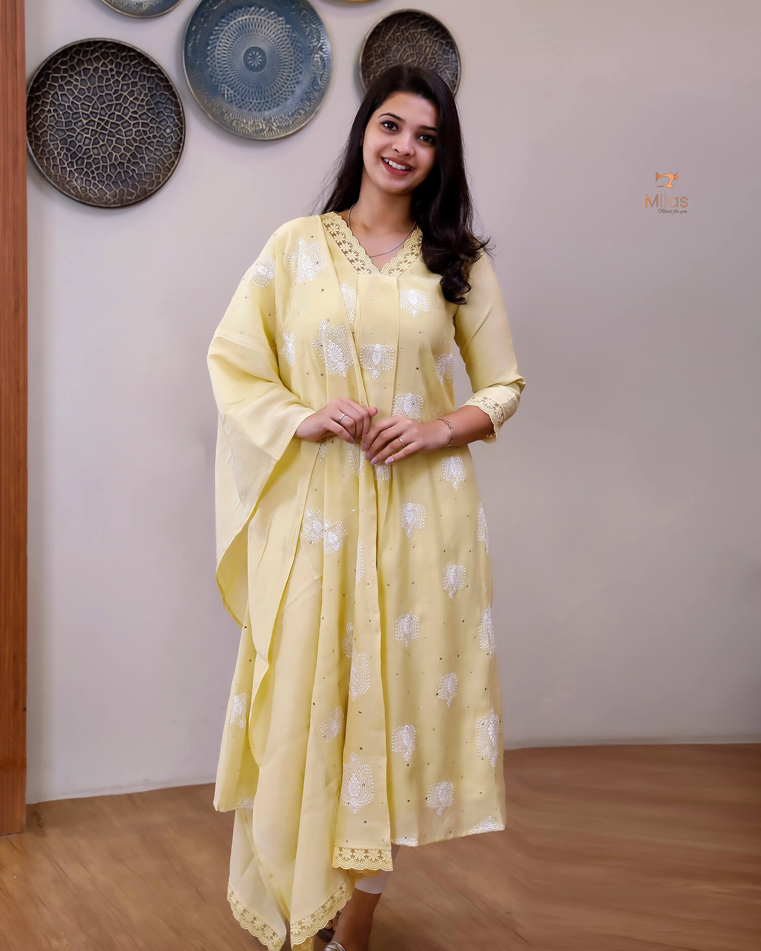 Crushed Dhara Silk | A-Line Top & Dupatta Set | Pastel Yellow