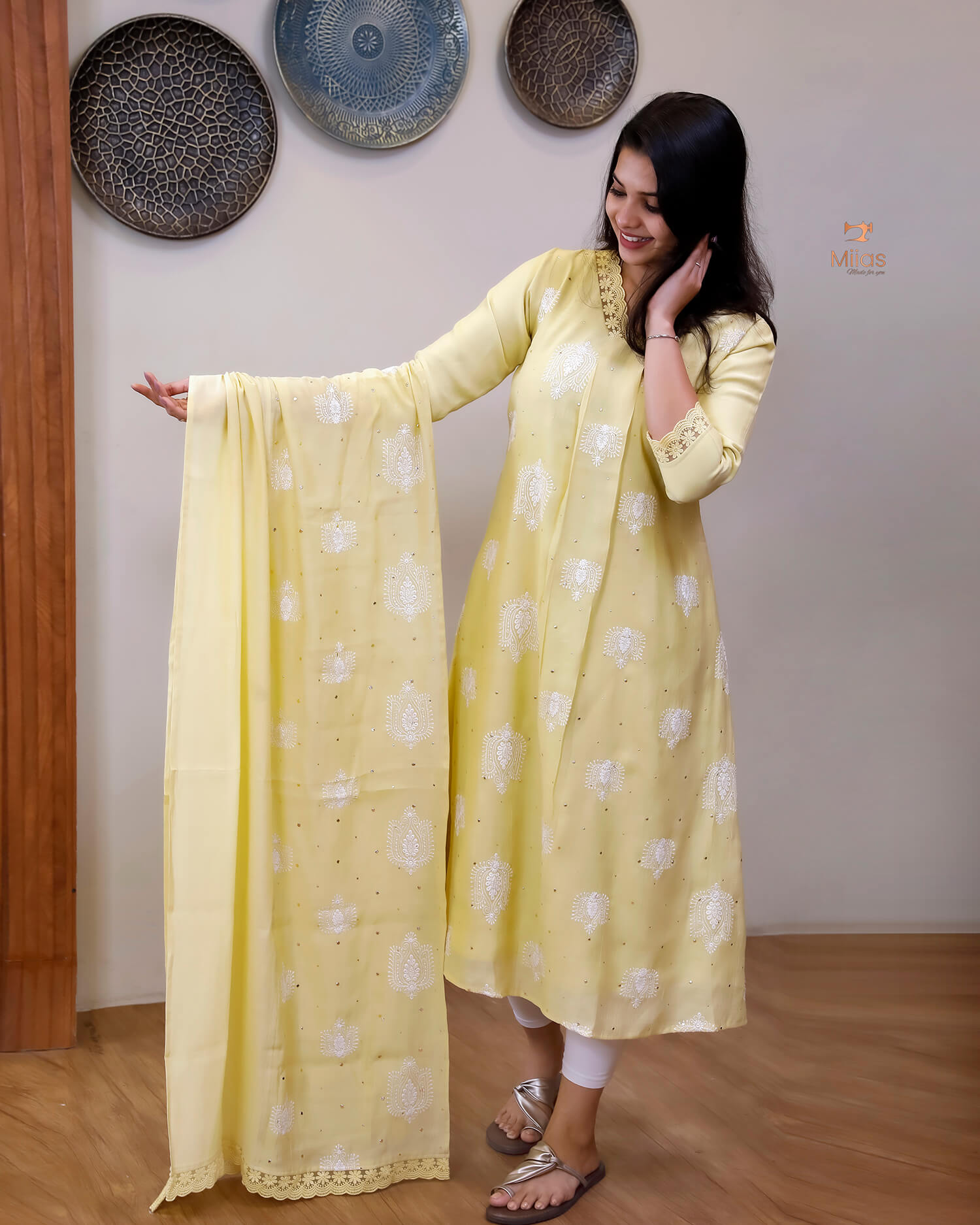 Crushed Dhara Silk | A-Line Top & Dupatta Set | Pastel Yellow