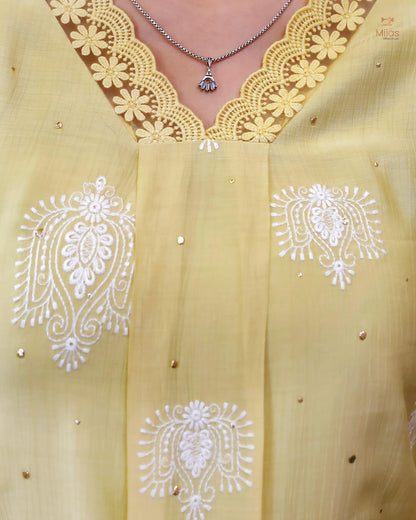Crushed Dhara Silk | A-Line Top & Dupatta Set | Pastel Yellow