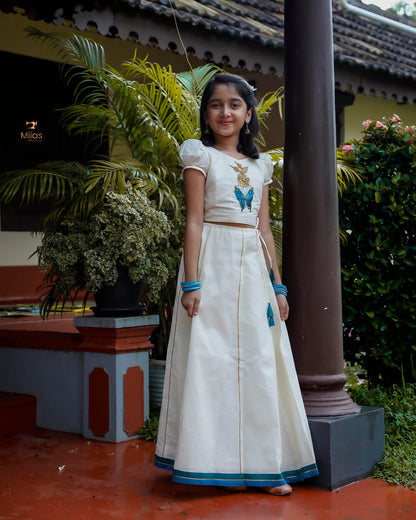 Girl's Onam Set – Kora Cotton Skirt & Embroidered Blouse-Onam 2025