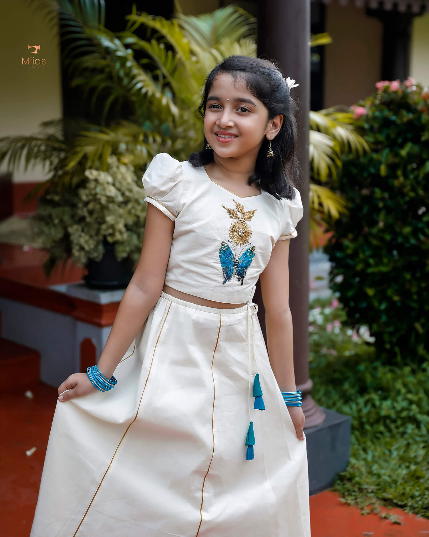 Girl's Onam Set – Kora Cotton Skirt & Embroidered Blouse-Onam 2025