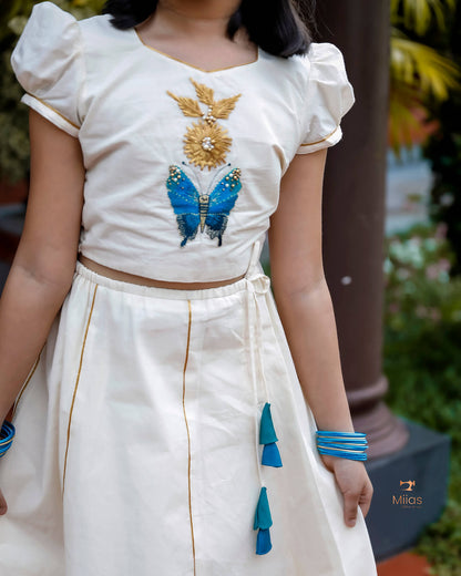 Girl's Onam Set – Kora Cotton Skirt & Embroidered Blouse-Onam 2025