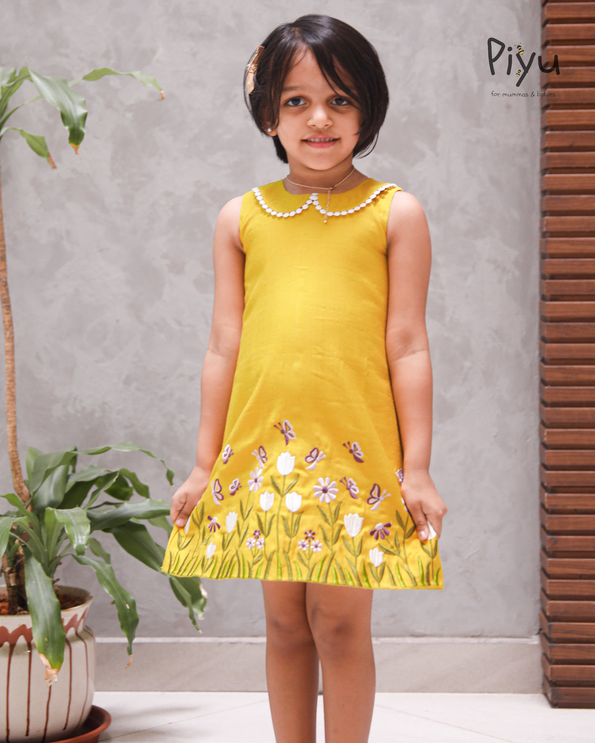 Vatican Fabric A-Line Frock | Peter Pan Collar + Embroidery | Yellow