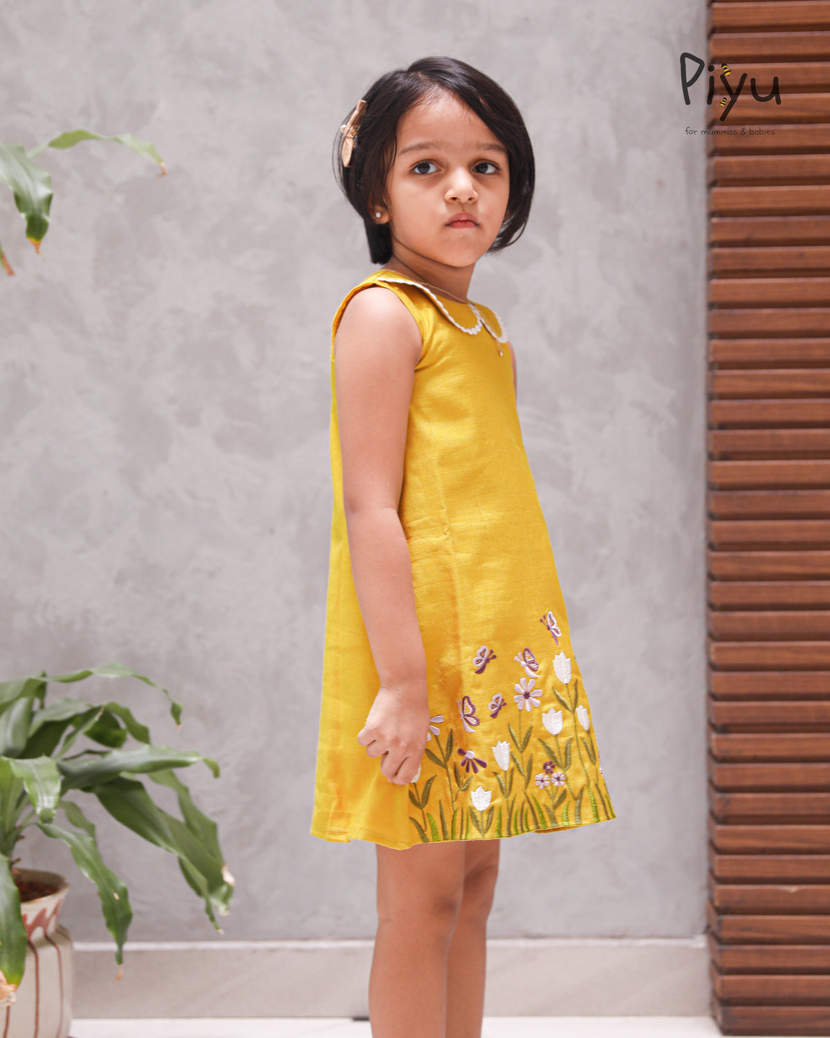 Vatican Fabric A-Line Frock | Peter Pan Collar + Embroidery | Yellow
