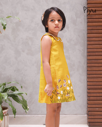 Vatican Fabric A-Line Frock | Peter Pan Collar + Embroidery | Yellow