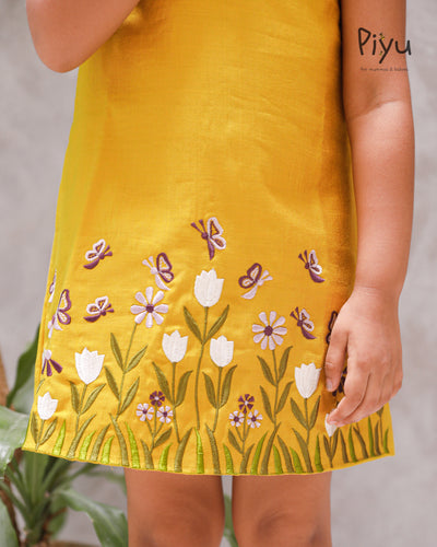 Vatican Fabric A-Line Frock | Peter Pan Collar + Embroidery | Yellow