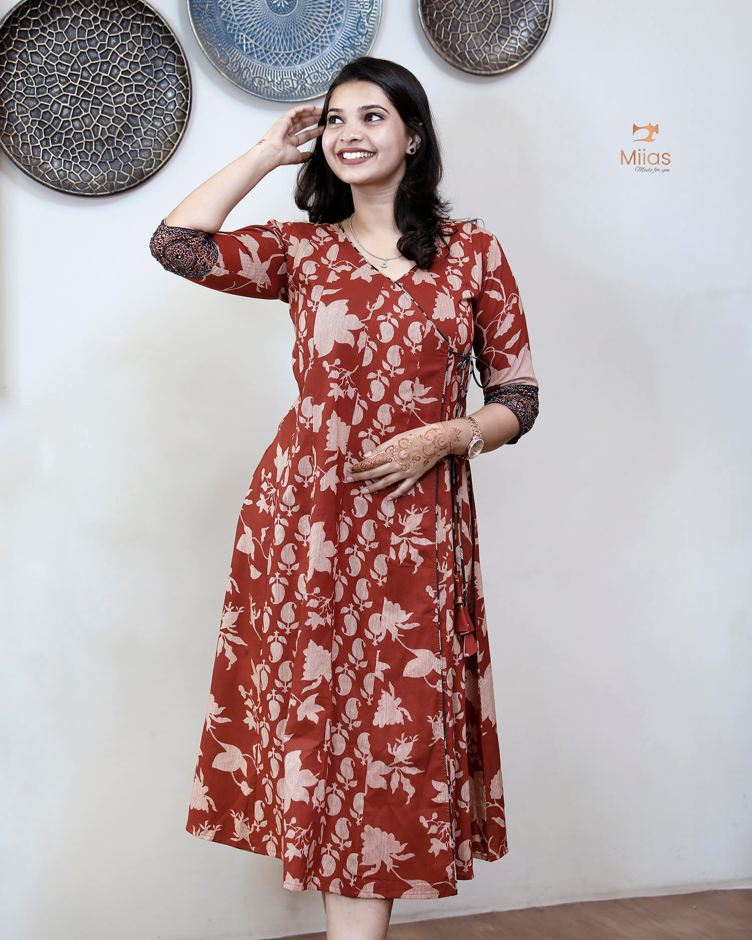 Wrap Kurti in South Cotton with Handmade Bead & Mirror Work-Brick Red