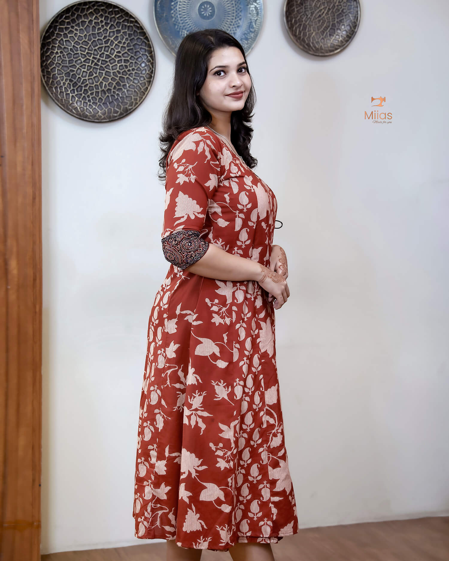 Wrap Kurti in South Cotton with Handmade Bead & Mirror Work-Brick Red