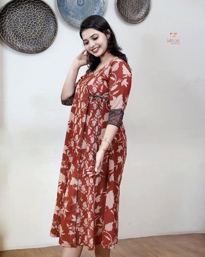 Wrap Kurti in South Cotton with Handmade Bead & Mirror Work-Brick Red