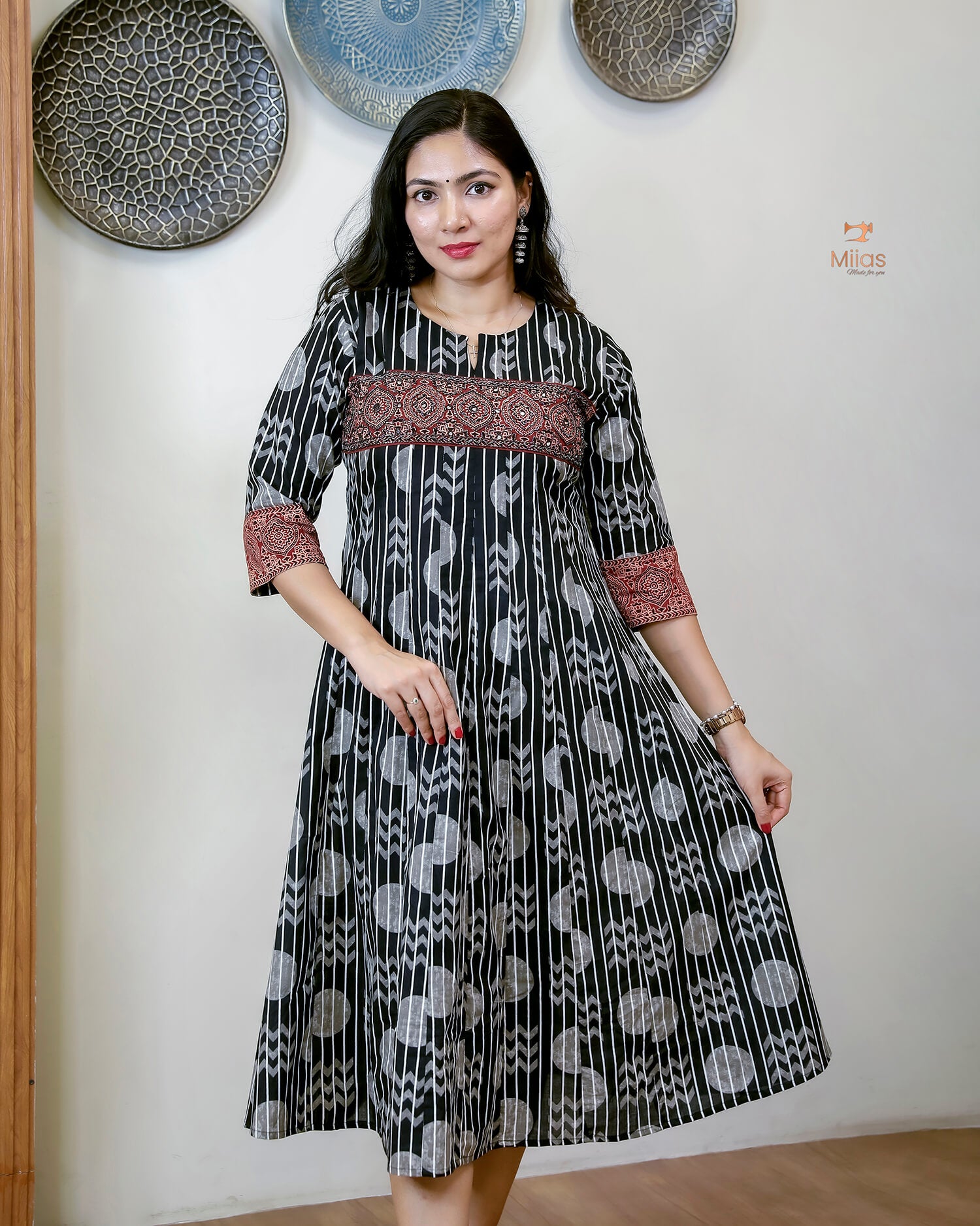 Ajrakh Print Cotton Kurti - Bead and Mirror Work-Black.