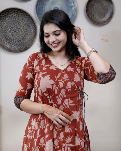 Wrap Kurti in South Cotton with Handmade Bead & Mirror Work-Brick Red