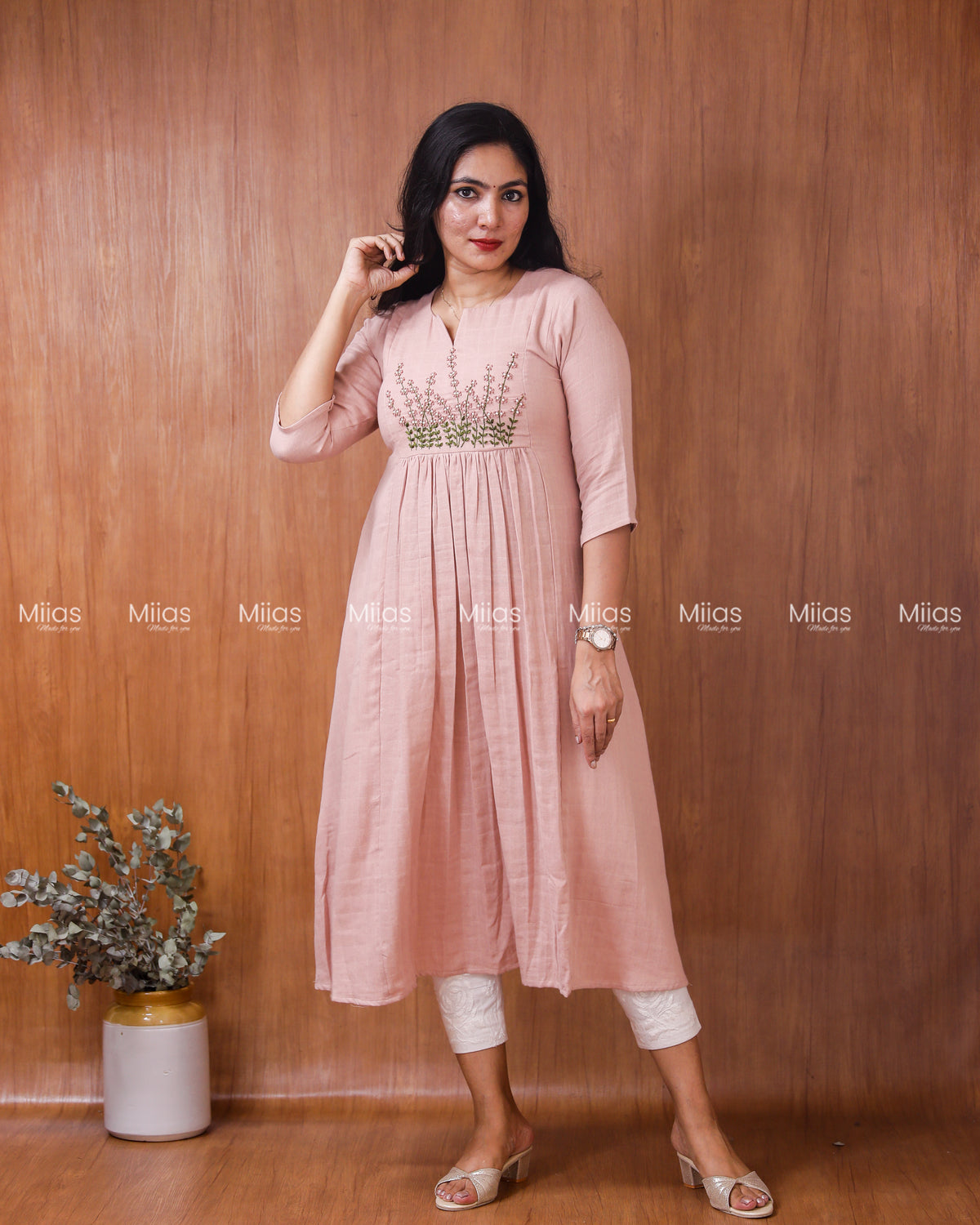 Flannel Cotton 3-Panel Slit Kurti | Embroidered Yoke + Pocket | Pastel Peach