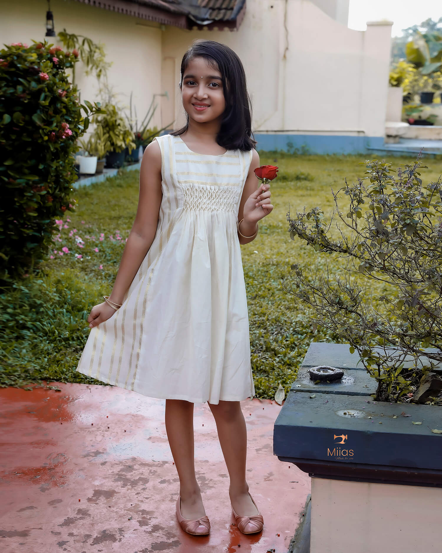 Girl’s Smocked Cotton Frock – Elegant Lurex & Handcrafted Detail
