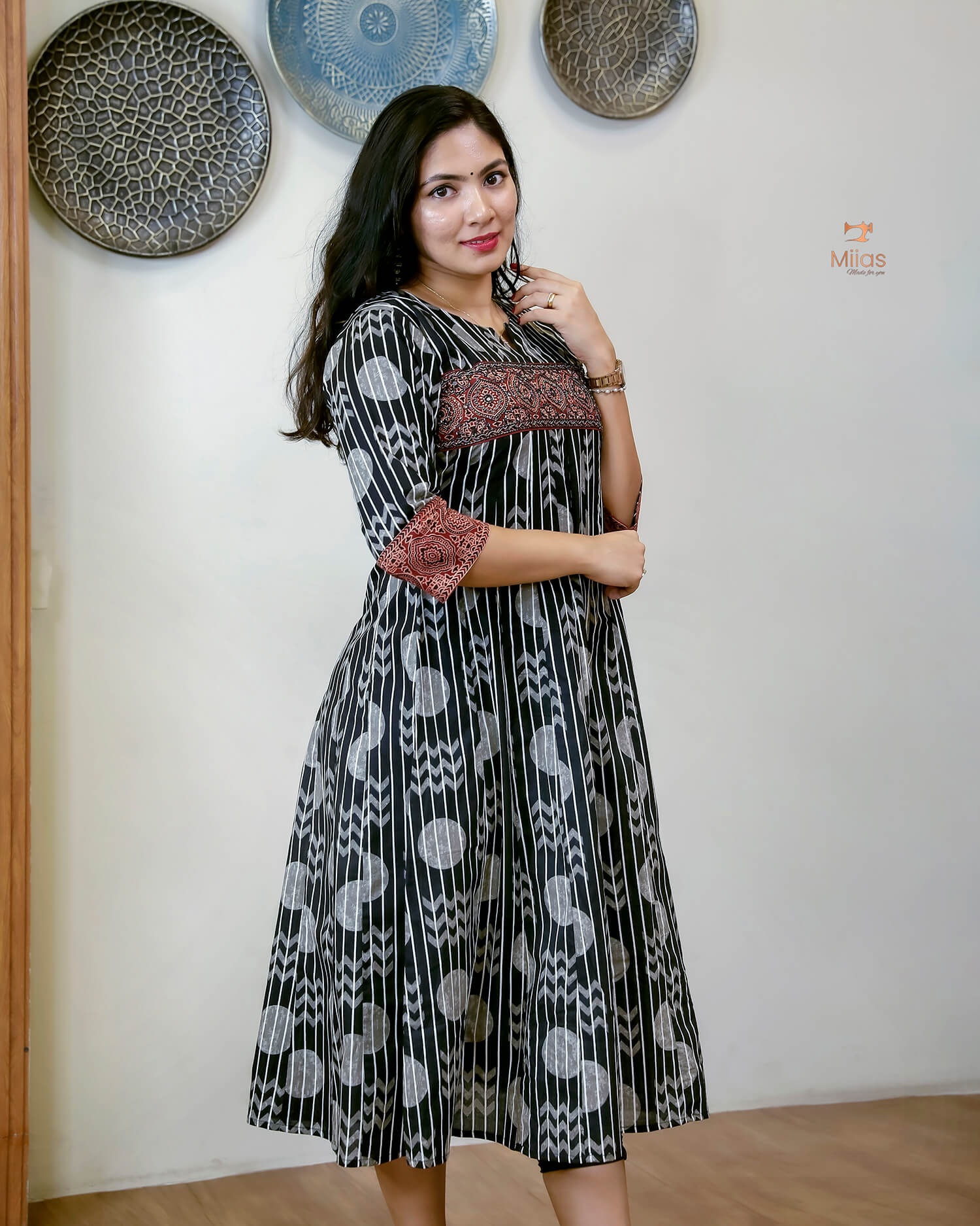 Ajrakh Print Cotton Kurti - Bead and Mirror Work-Black.