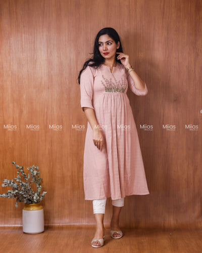 Flannel Cotton 3-Panel Slit Kurti | Embroidered Yoke + Pocket | Pastel Peach