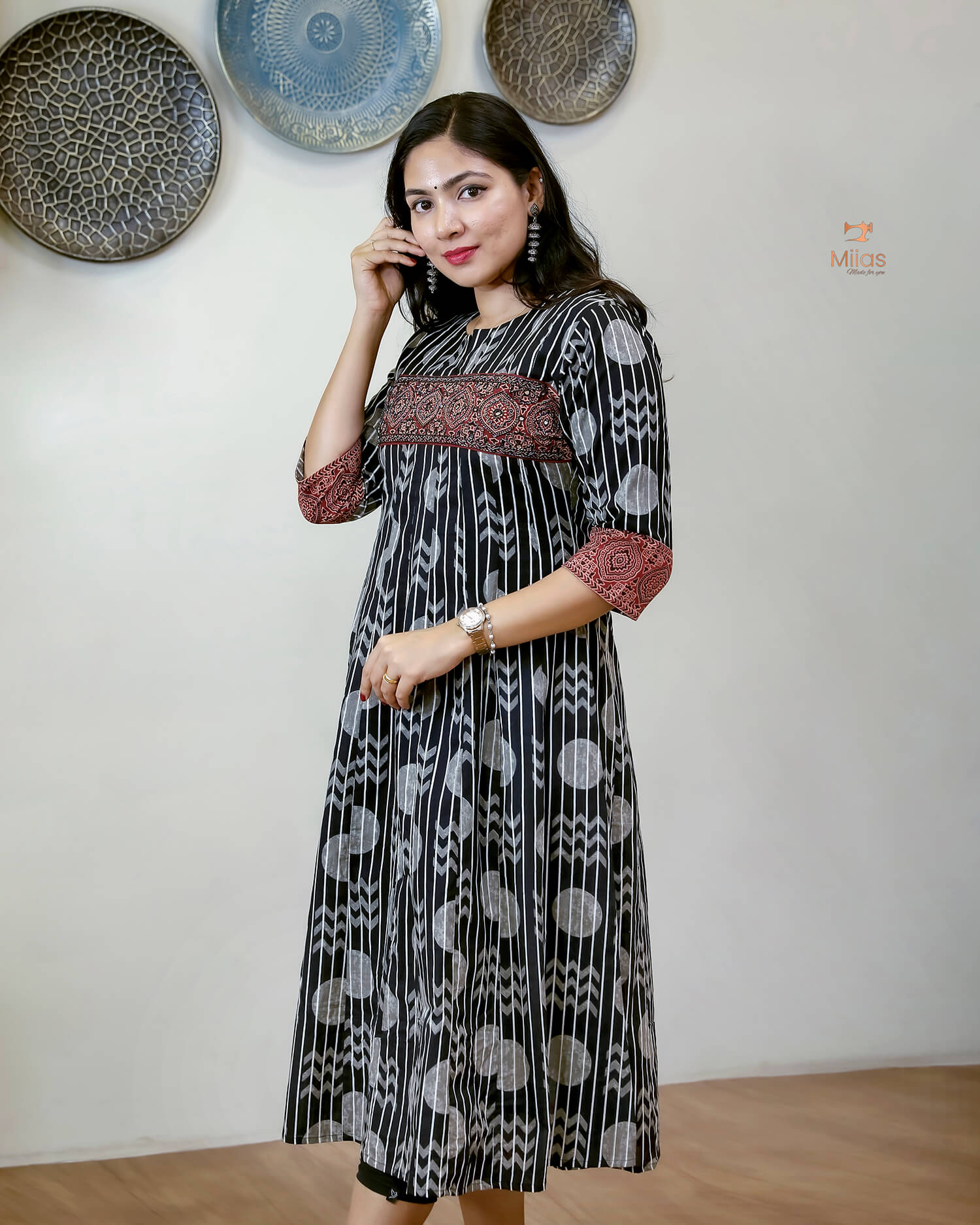 Ajrakh Print Cotton Kurti - Bead and Mirror Work-Black.