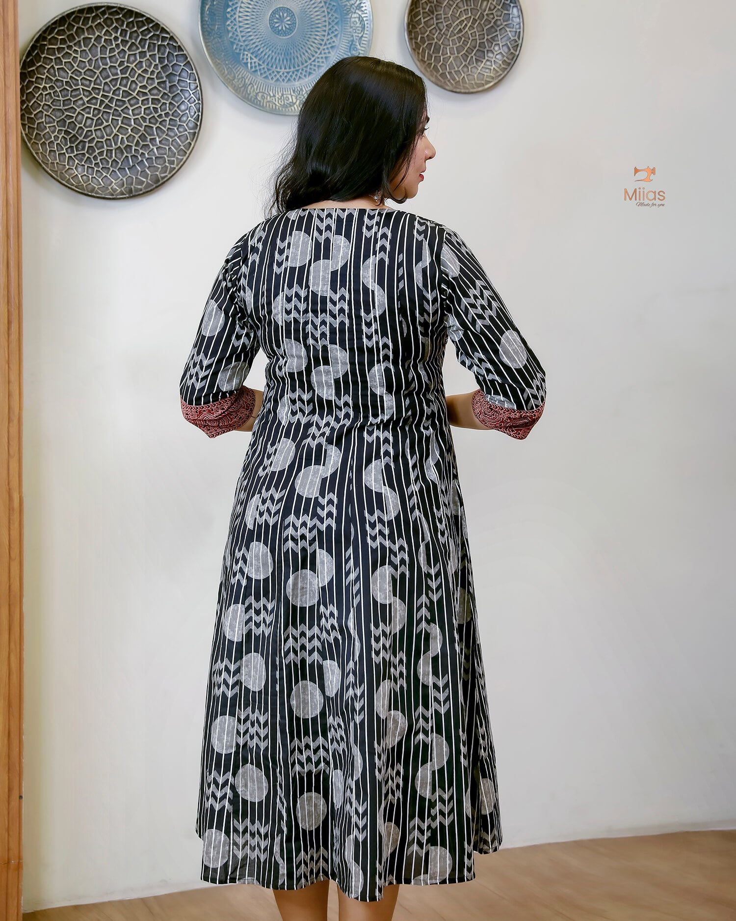 Ajrakh Print Cotton Kurti - Bead and Mirror Work-Black.
