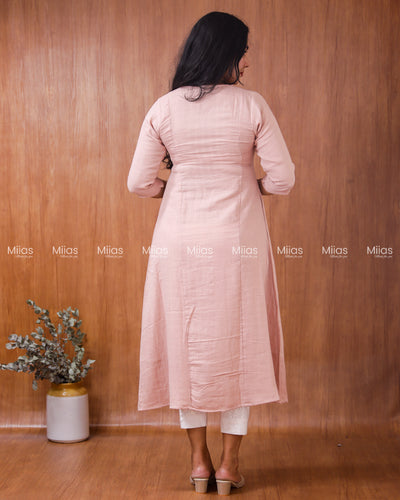 Flannel Cotton 3-Panel Slit Kurti | Embroidered Yoke + Pocket | Pastel Peach