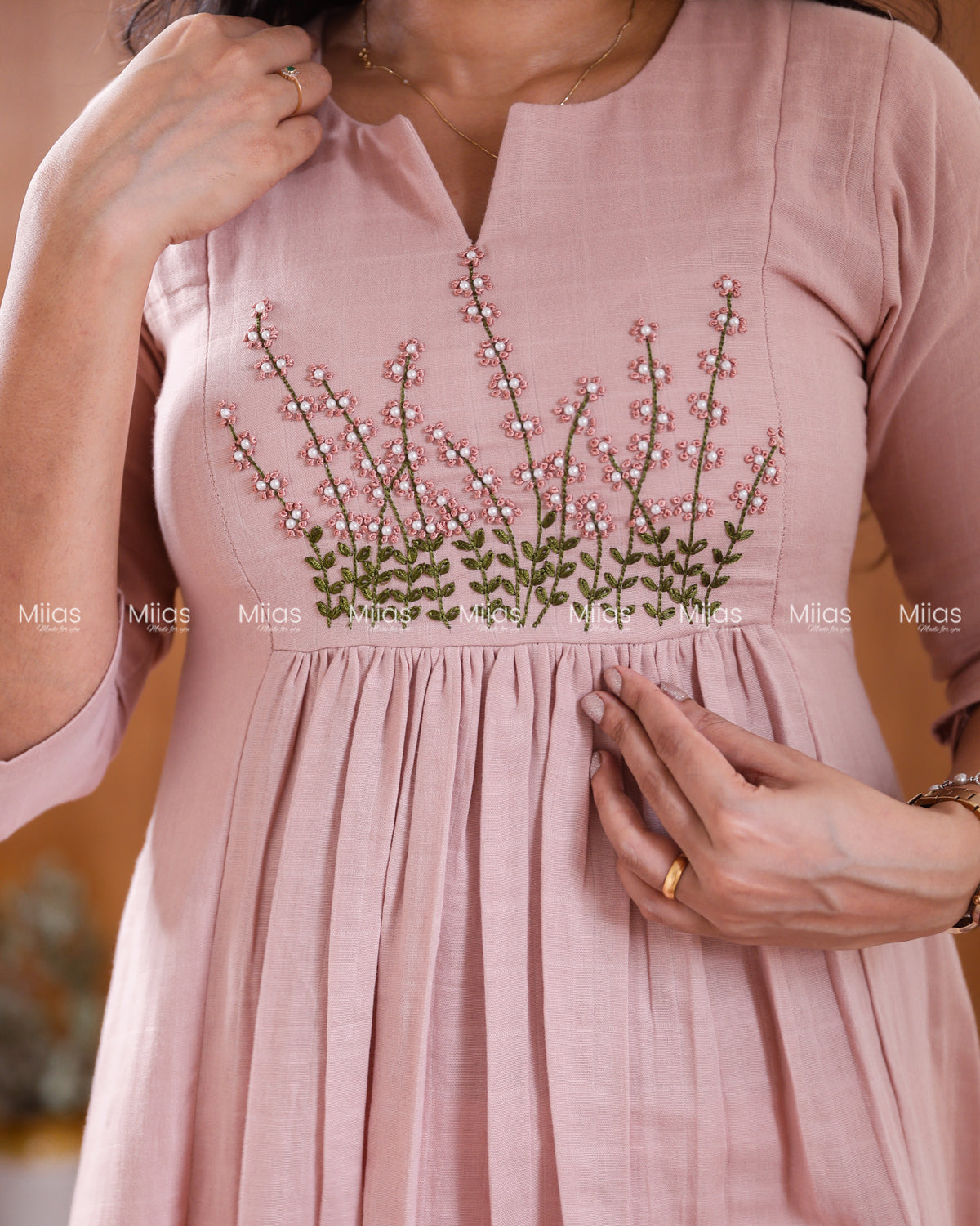 Flannel Cotton 3-Panel Slit Kurti | Embroidered Yoke + Pocket | Pastel Peach