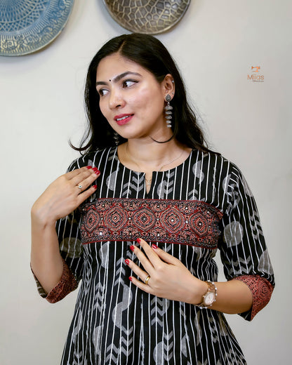 Ajrakh Print Cotton Kurti - Bead and Mirror Work-Black.