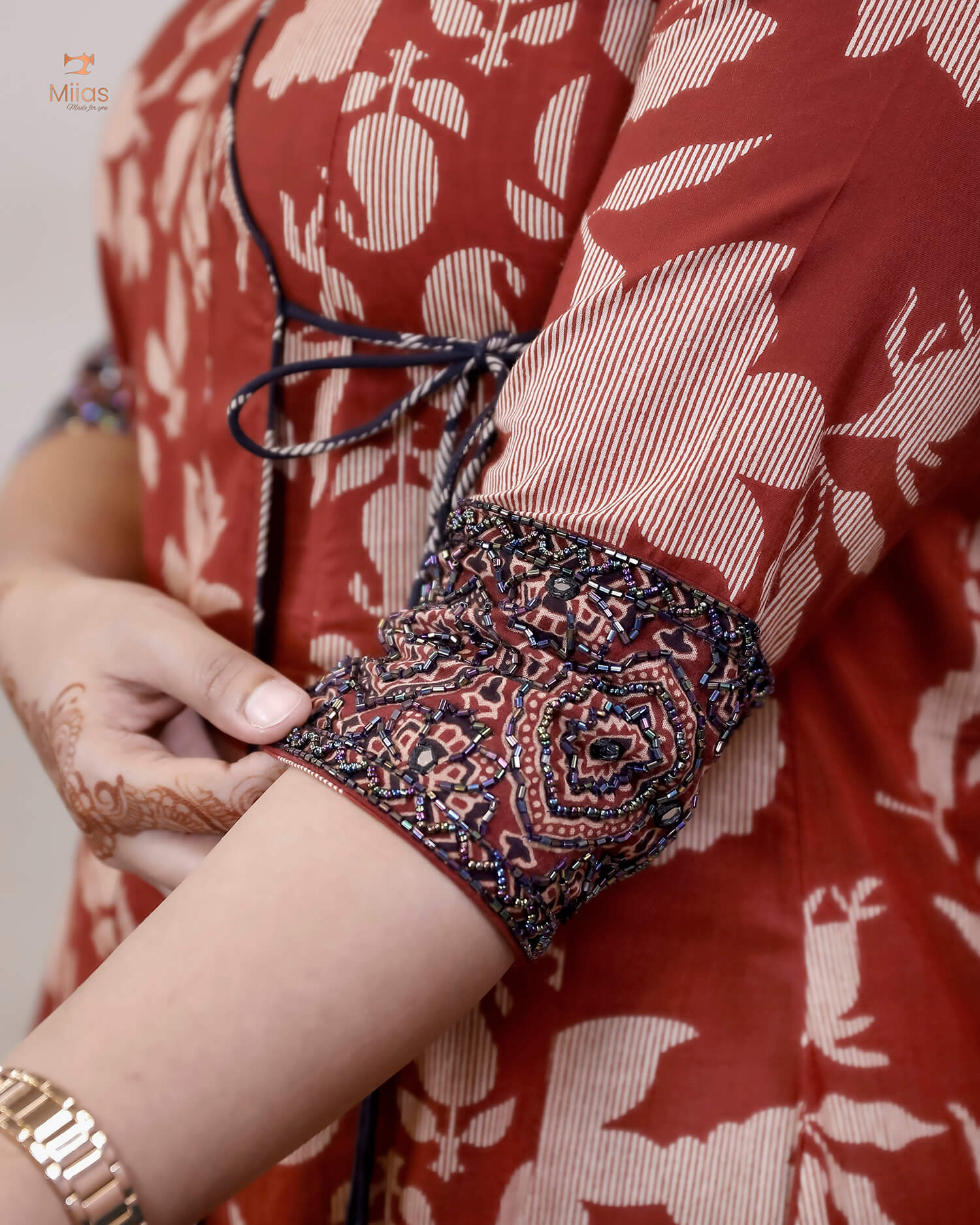 Wrap Kurti in South Cotton with Handmade Bead & Mirror Work-Brick Red