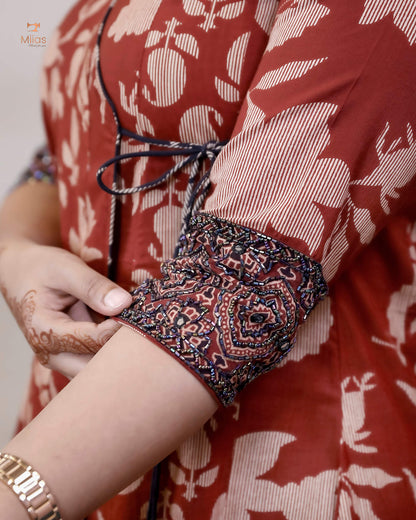 Wrap Kurti in South Cotton with Handmade Bead & Mirror Work-Brick Red