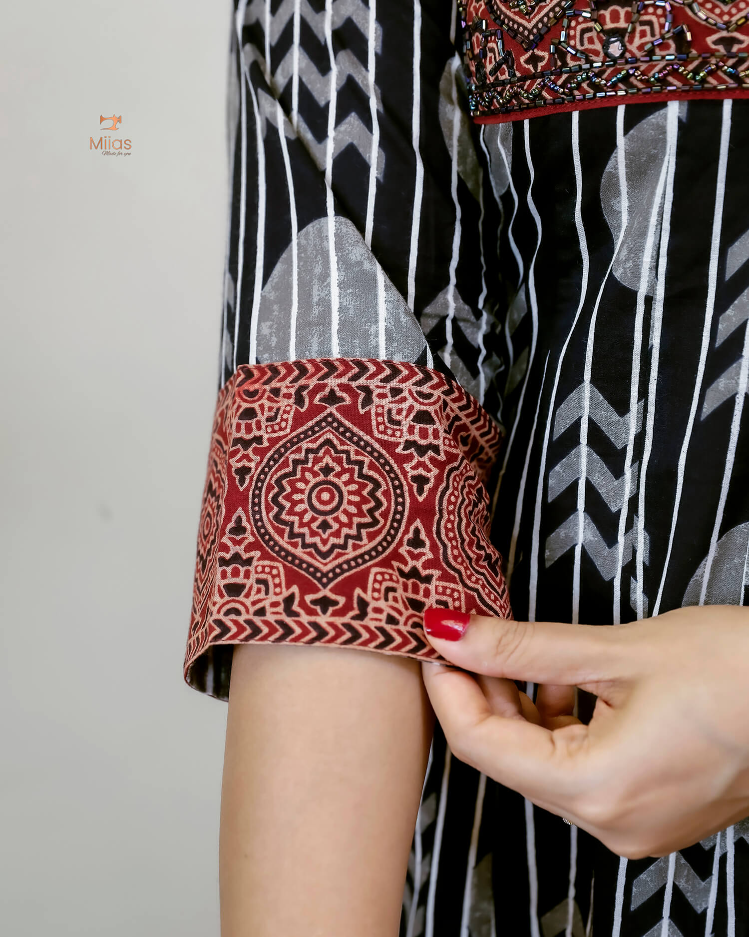 Ajrakh Print Cotton Kurti - Bead and Mirror Work-Black.