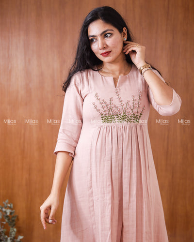 Flannel Cotton 3-Panel Slit Kurti | Embroidered Yoke + Pocket | Pastel Peach
