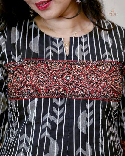 Ajrakh Print Cotton Kurti - Bead and Mirror Work-Black.