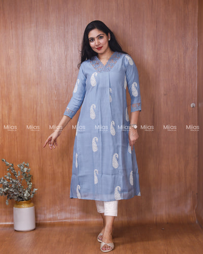 Mul Chanderi Dress Kurti | Box Pleats + Lace + Lined | Dusty Blue