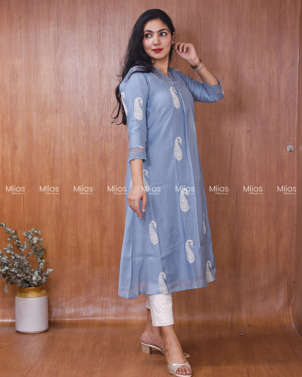Mul Chanderi Dress Kurti | Box Pleats + Lace + Lined | Dusty Blue