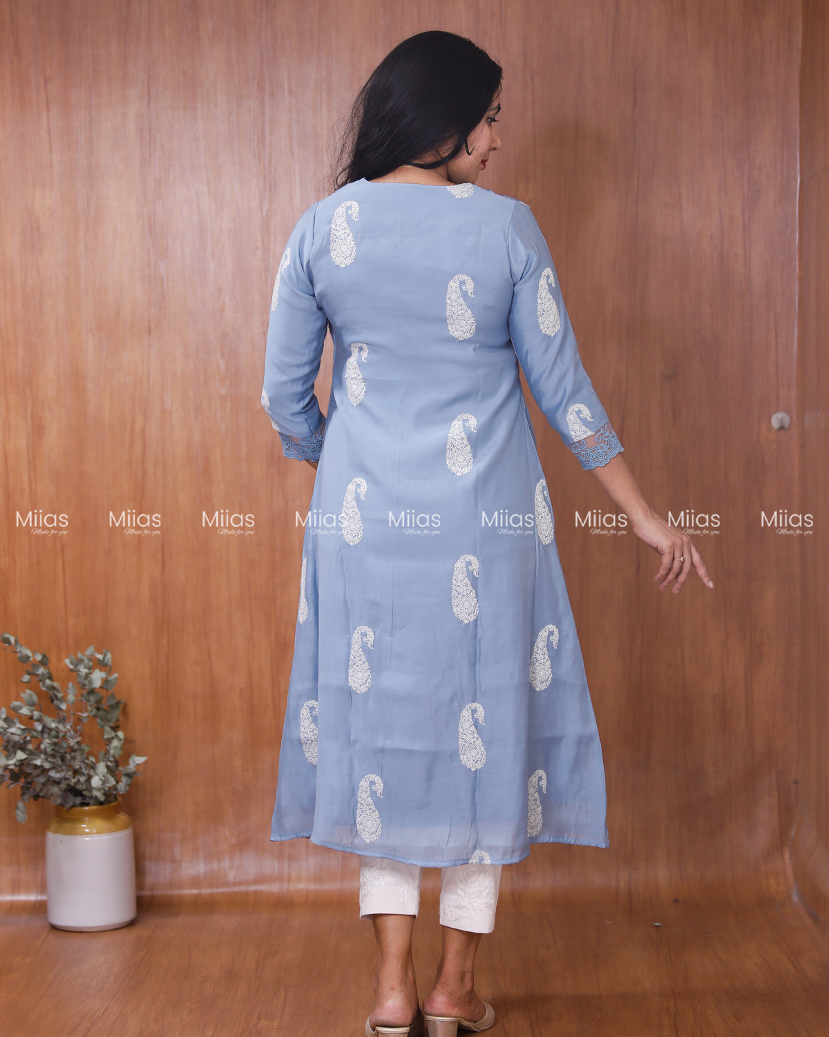 Mul Chanderi Dress Kurti | Box Pleats + Lace + Lined | Dusty Blue