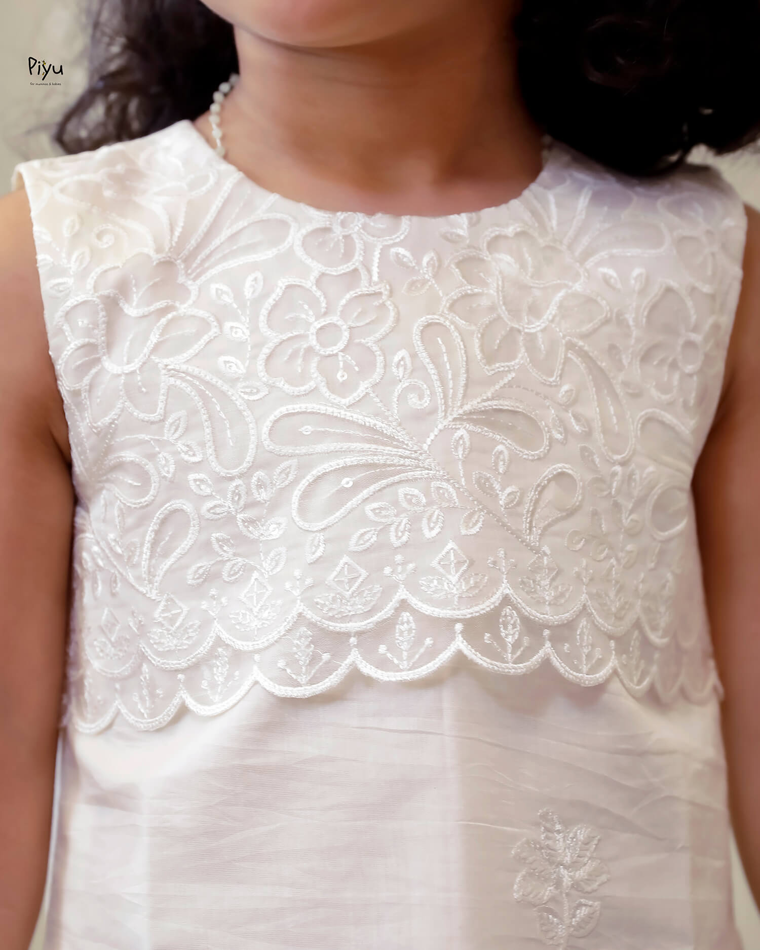 Mul Chanderi A-Line Kids Frock | Embroidered Yoke | Ivory