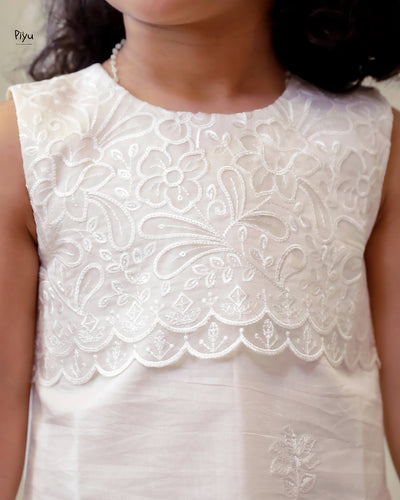 Mul Chanderi A-Line Kids Frock | Embroidered Yoke | Ivory