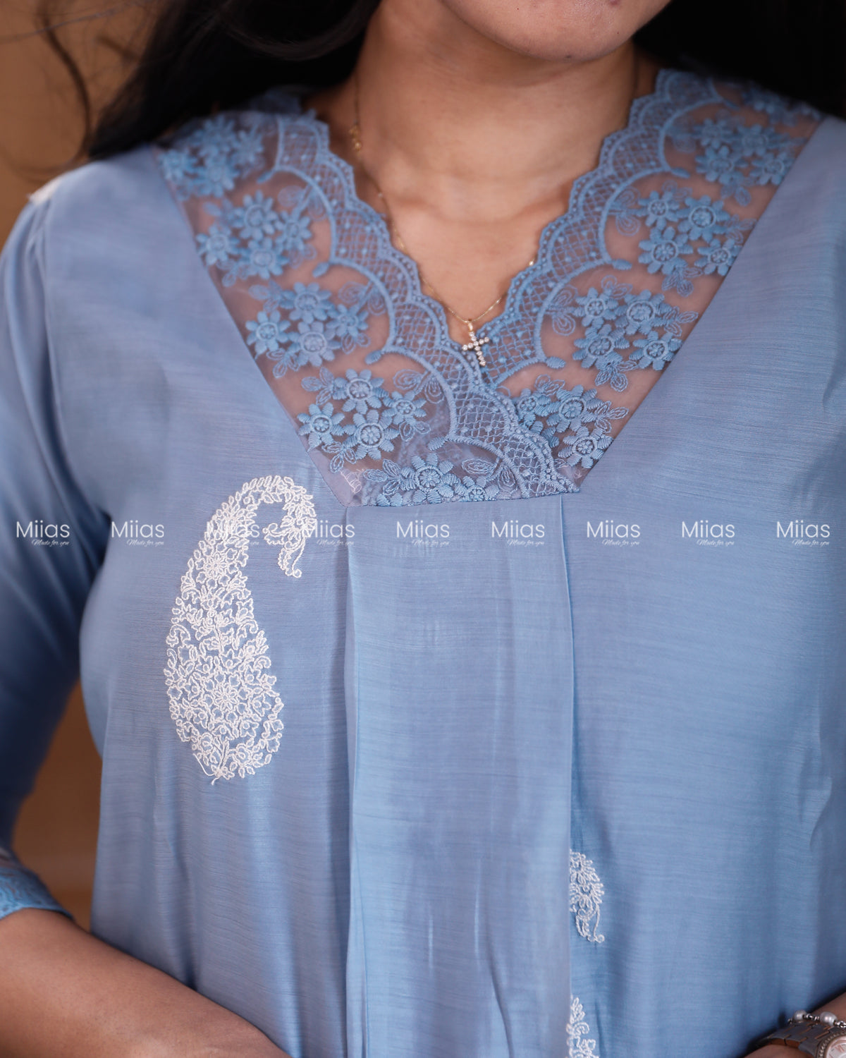 Mul Chanderi Dress Kurti | Box Pleats + Lace + Lined | Dusty Blue