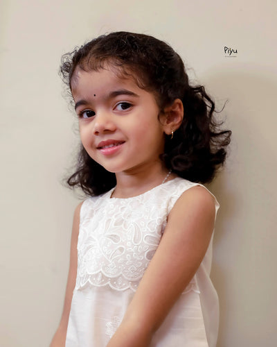 Mul Chanderi A-Line Kids Frock | Embroidered Yoke | Ivory