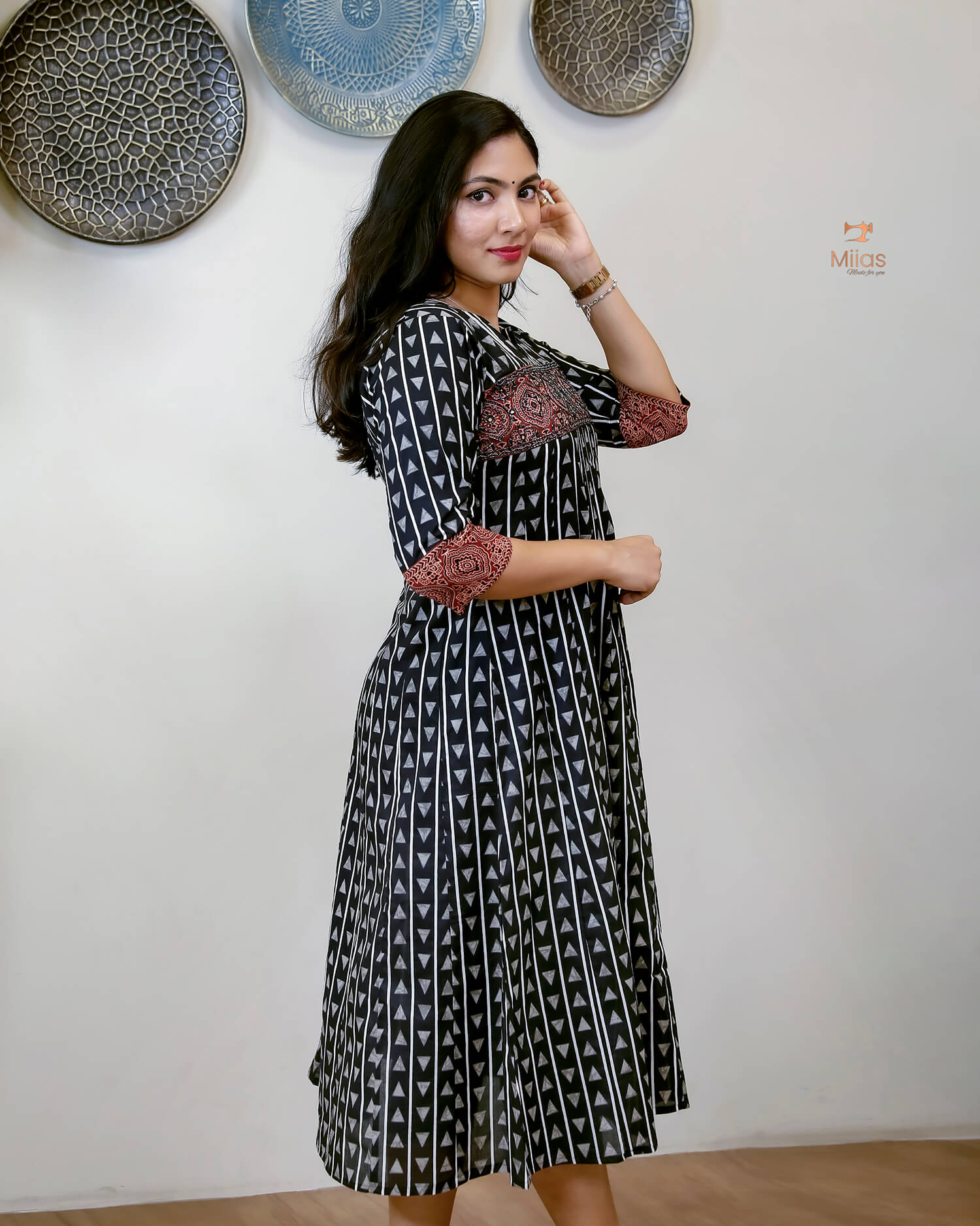 Ajrakh Print Cotton Kurti - Bead and Mirror Work