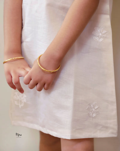 Mul Chanderi A-Line Kids Frock | Embroidered Yoke | Ivory