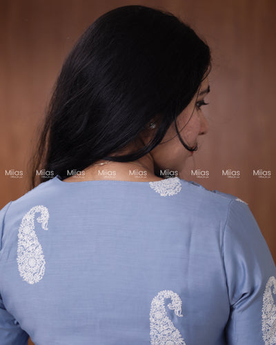 Mul Chanderi Dress Kurti | Box Pleats + Lace + Lined | Dusty Blue