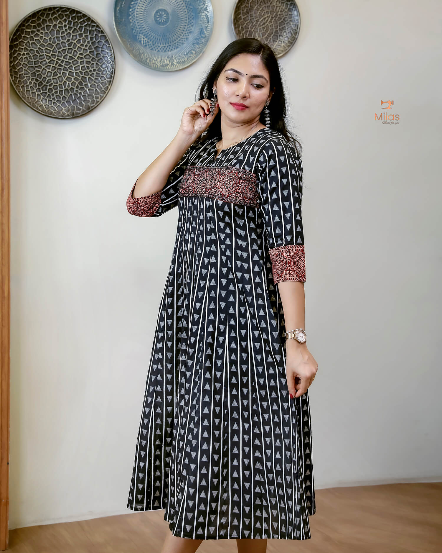 Ajrakh Print Cotton Kurti - Bead and Mirror Work