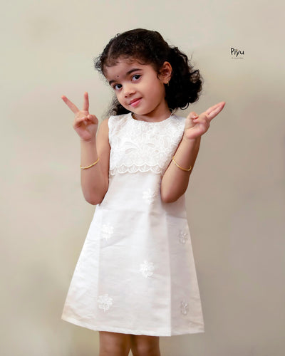 Mul Chanderi A-Line Kids Frock | Embroidered Yoke | Ivory