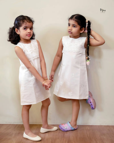 Mul Chanderi A-Line Kids Frock | Embroidered Yoke | Ivory