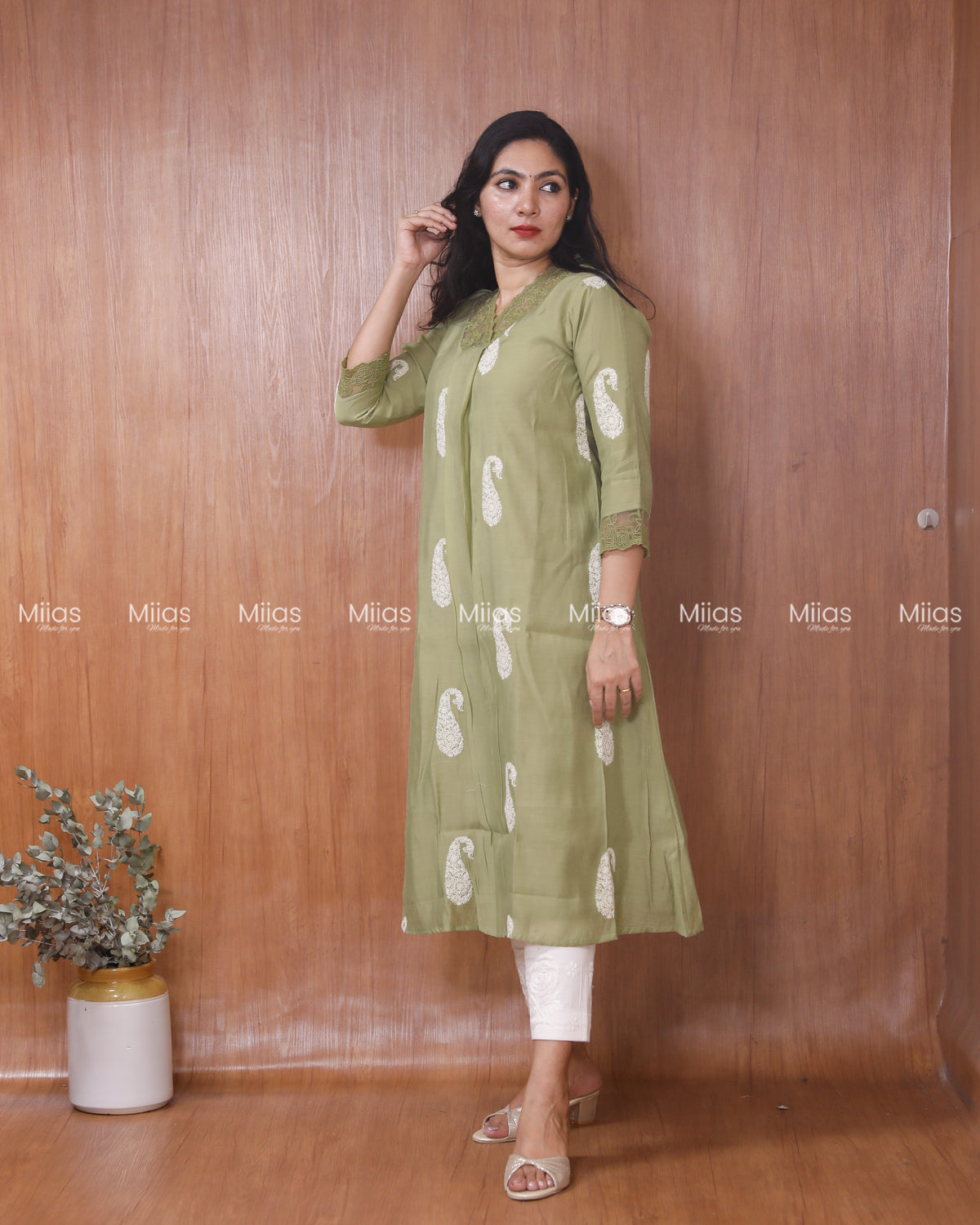 Mul Chanderi Dress Kurti | Box Pleats + Lace + Lined | Sage Green