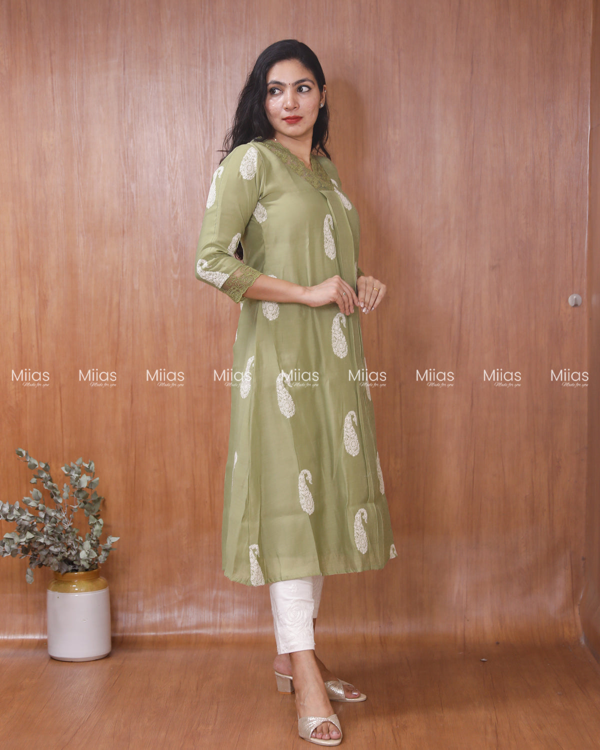 Mul Chanderi Dress Kurti | Box Pleats + Lace + Lined | Sage Green