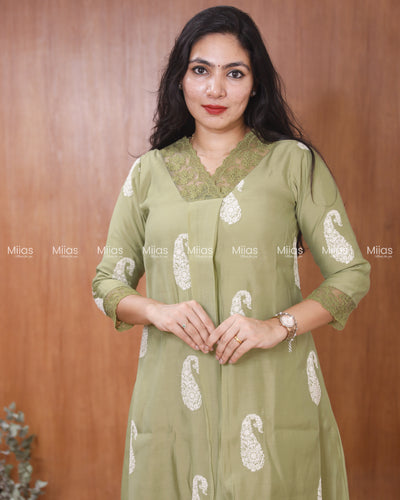 Mul Chanderi Dress Kurti | Box Pleats + Lace + Lined | Sage Green